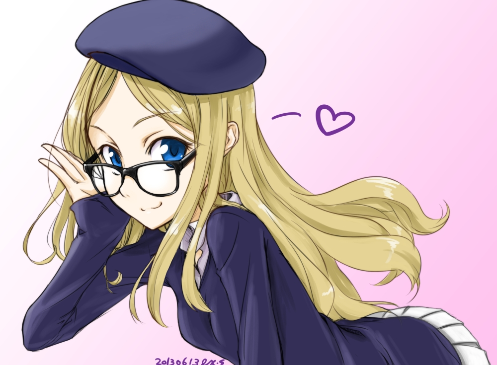 blonde_hair, blue_eyes, etsuosan, frenda_seivelun, glasses, gradient, hat, long_hair, school_uniform, to_aru_kagaku_no_railgun, to_aru_majutsu_no_index
