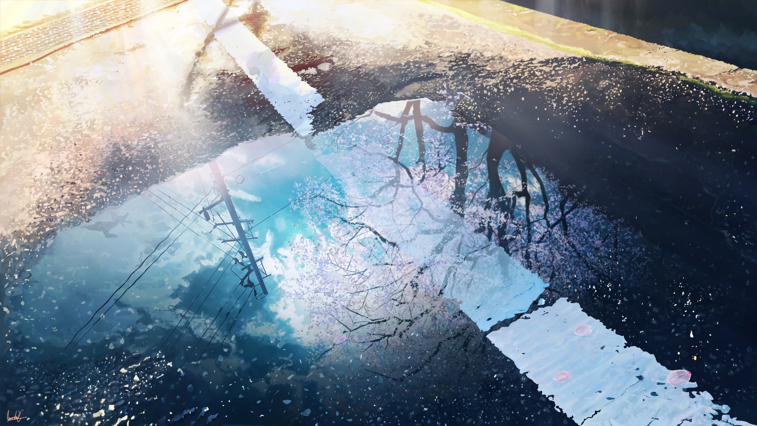 banishment, cherry_blossoms, flowers, no_humans, original, petals, reflection, scenic, signed, water