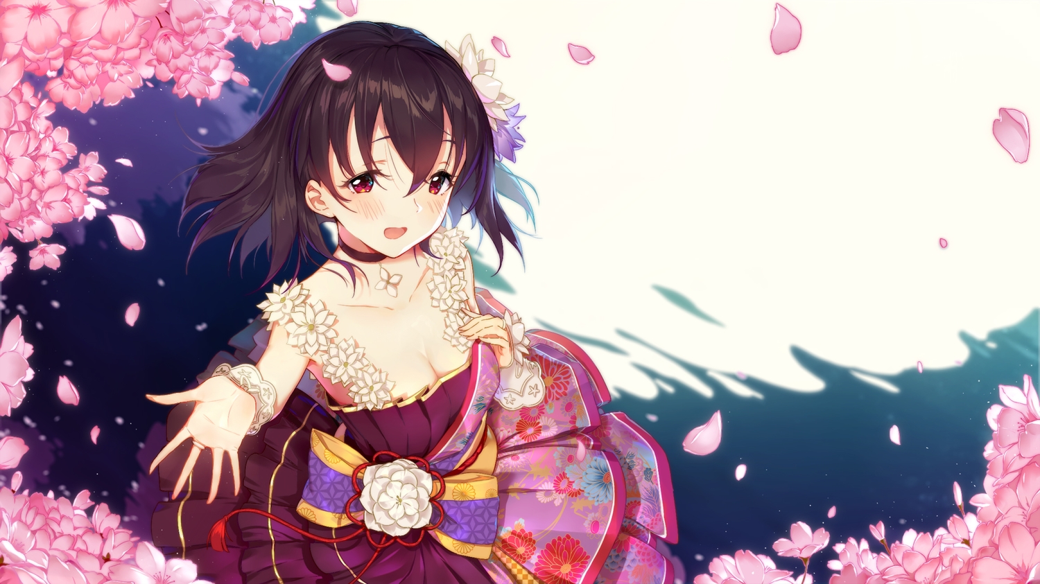 blush, breasts, brown_hair, cherry_blossoms, choker, cleavage, dress, flowers
