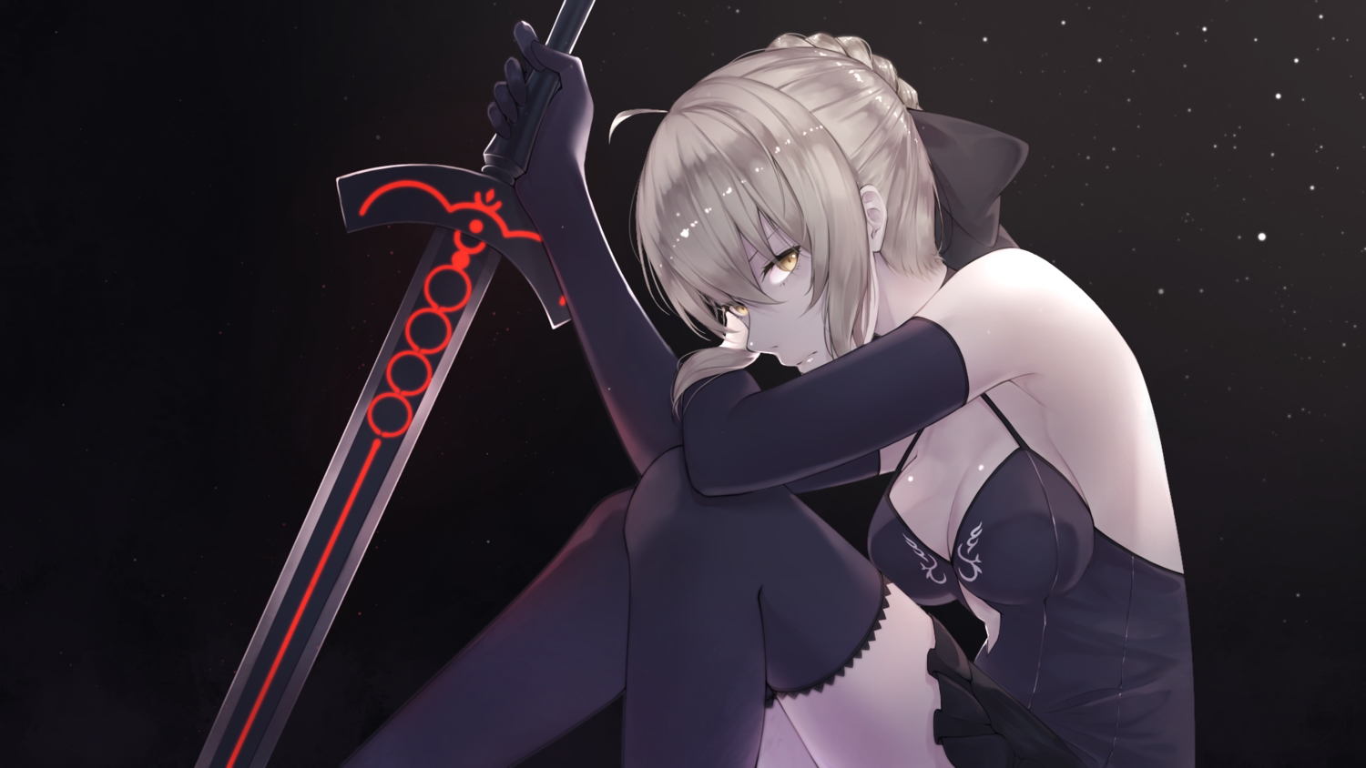 artoria_pendragon_(all), blonde_hair, breasts, cleavage, dress, elbow_gloves, fate/grand_order, fate_(series)