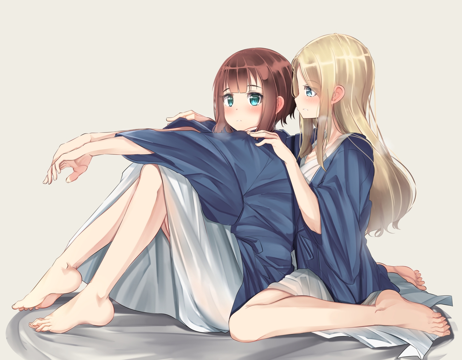 2girls, aqua_eyes, ayase_arisa, barefoot, blonde_hair, brown_hair, japanese_clothes, kousaka_yukiho