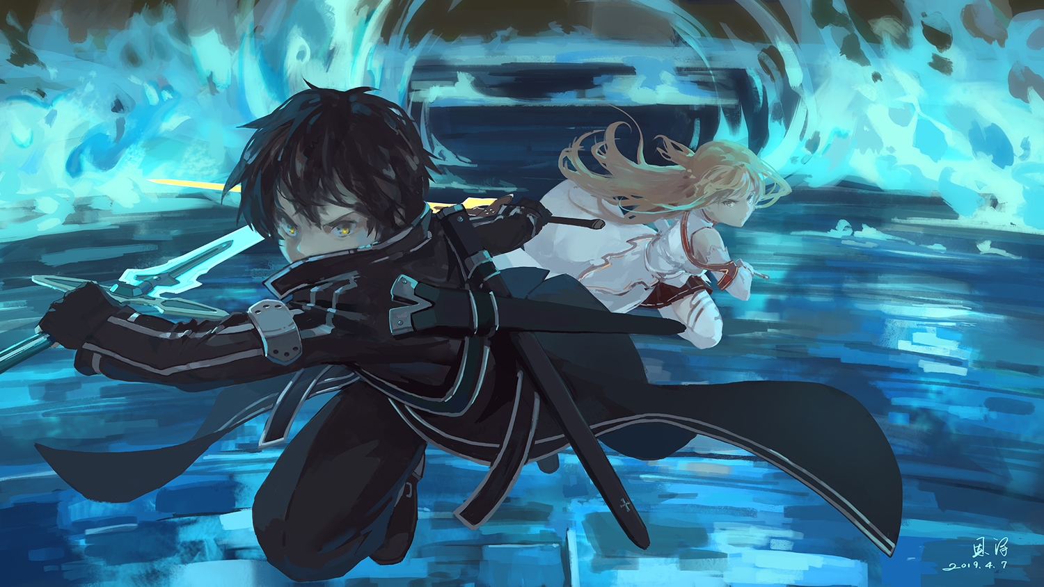 armor, black_hair, blonde_hair, gloves, kirigaya_kazuto, long_hair, male, short_hair