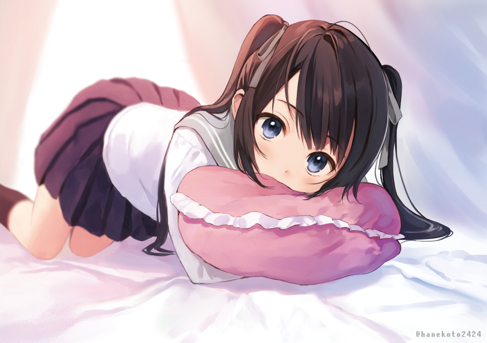 bed, black_hair, blue_eyes, blush, hanekoto, kneehighs, original, school_uniform, skirt, socks, twintails, watermark