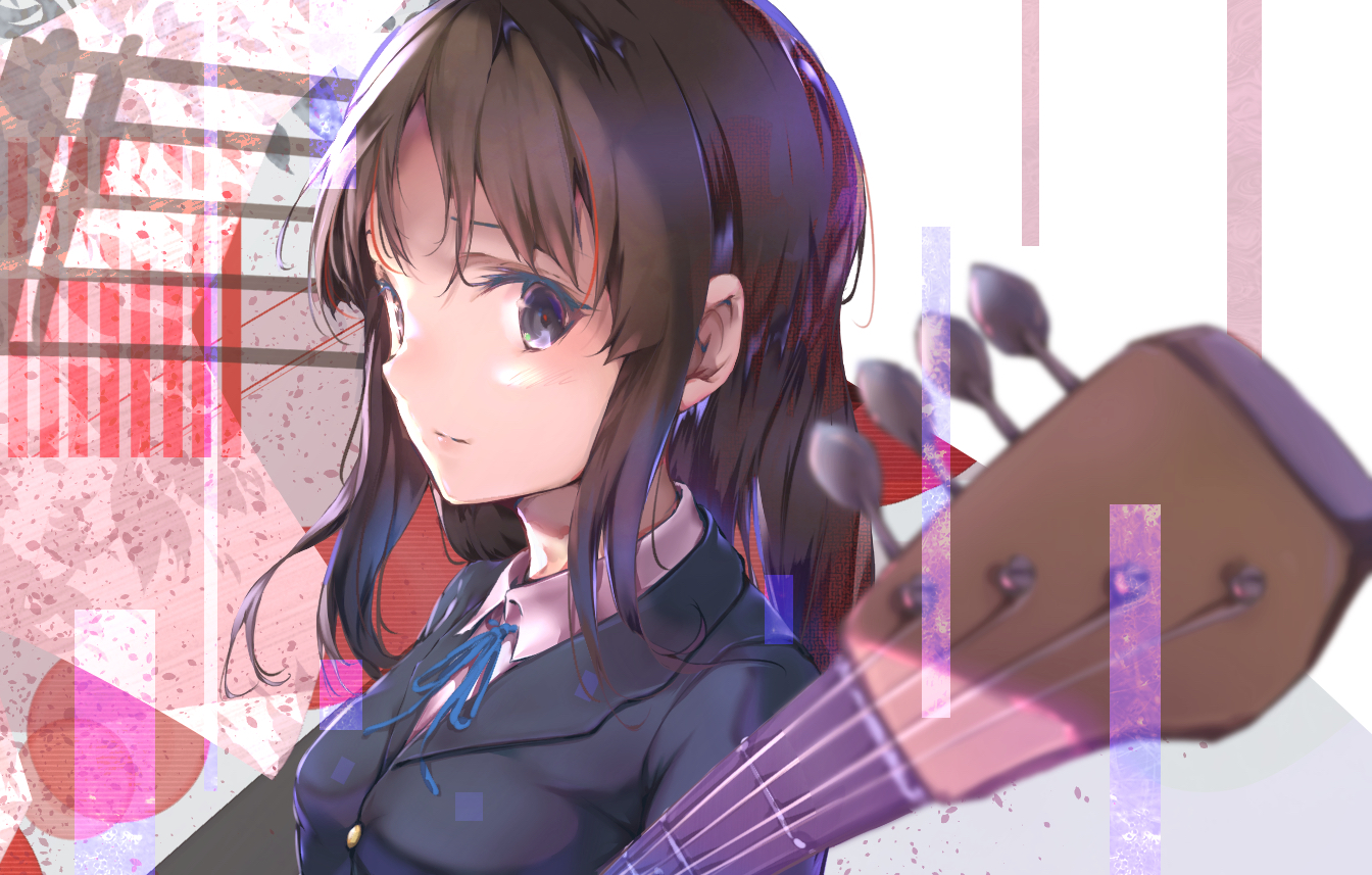 akiyama_mio, aotsuki_kaoru, black_eyes, brown_hair, close, guitar, instrument, k-on!