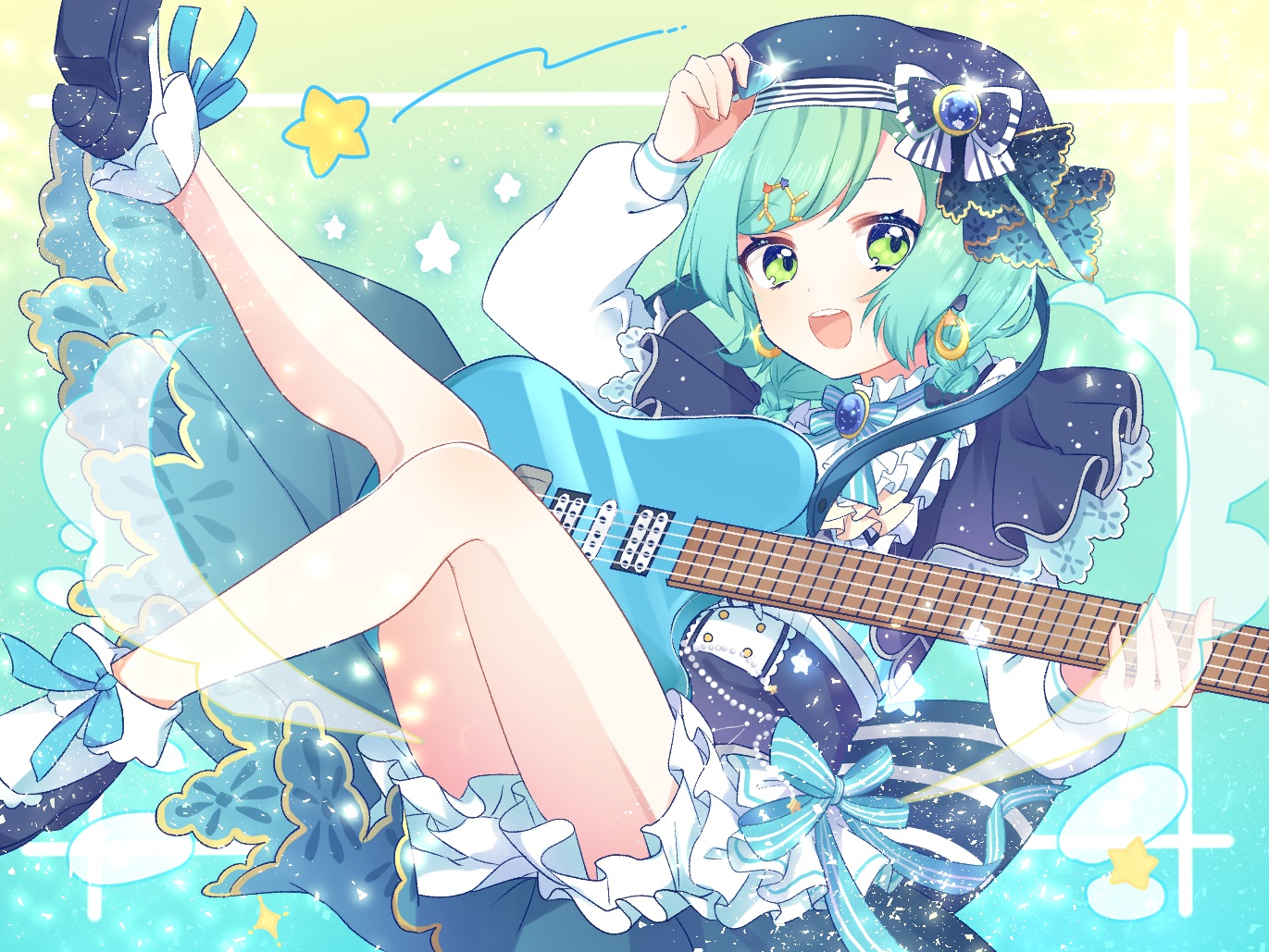 bang_dream!, bow, dress, green_eyes, green_hair, guitar, hat, hikawa_hina