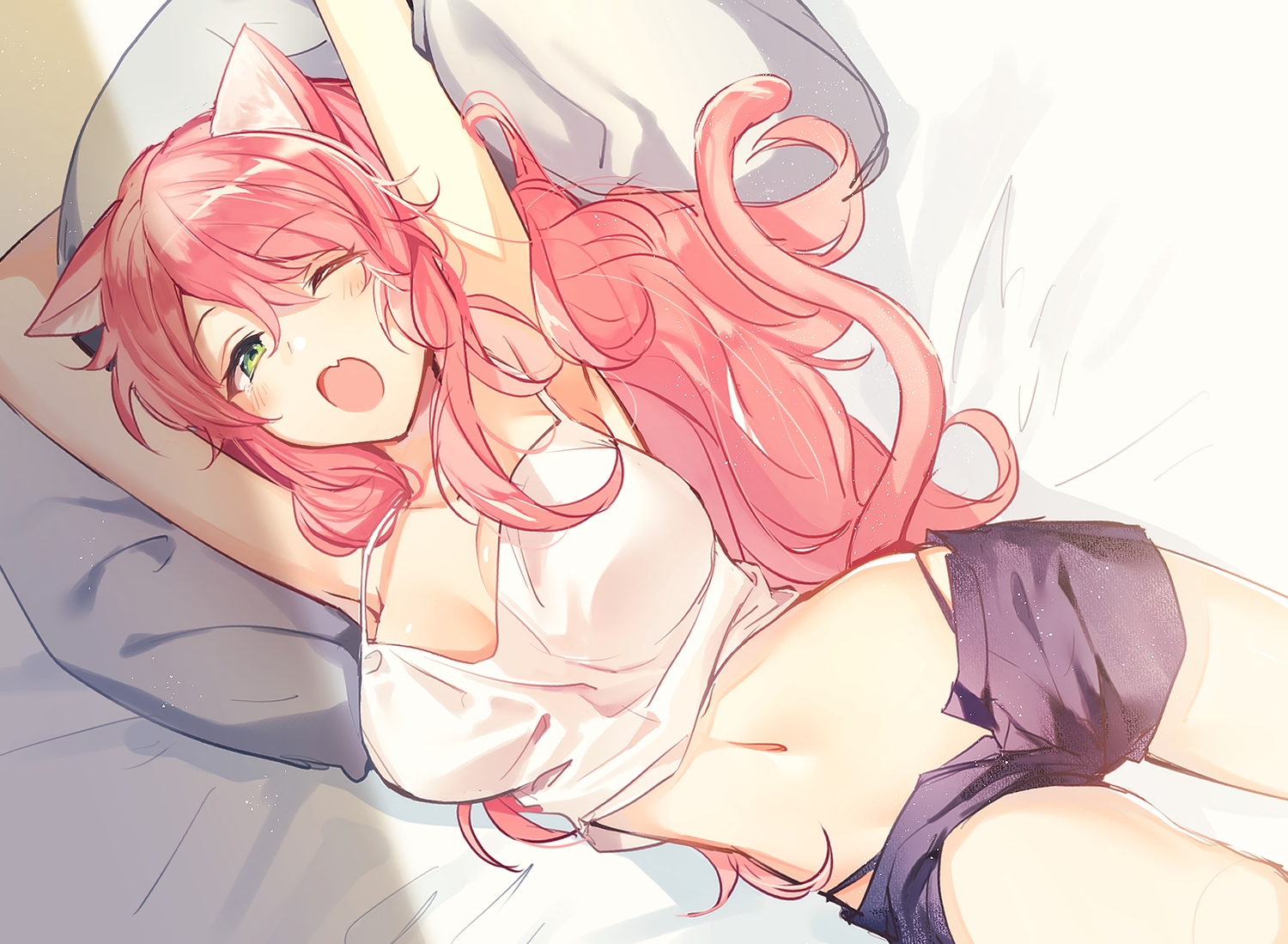 animal_ears, bed, blush, breasts, catgirl, fang, green_eyes, juugonichi_(wheeliex2), long_hair, navel, original, pink_hair, shorts, sketch, tail, tears