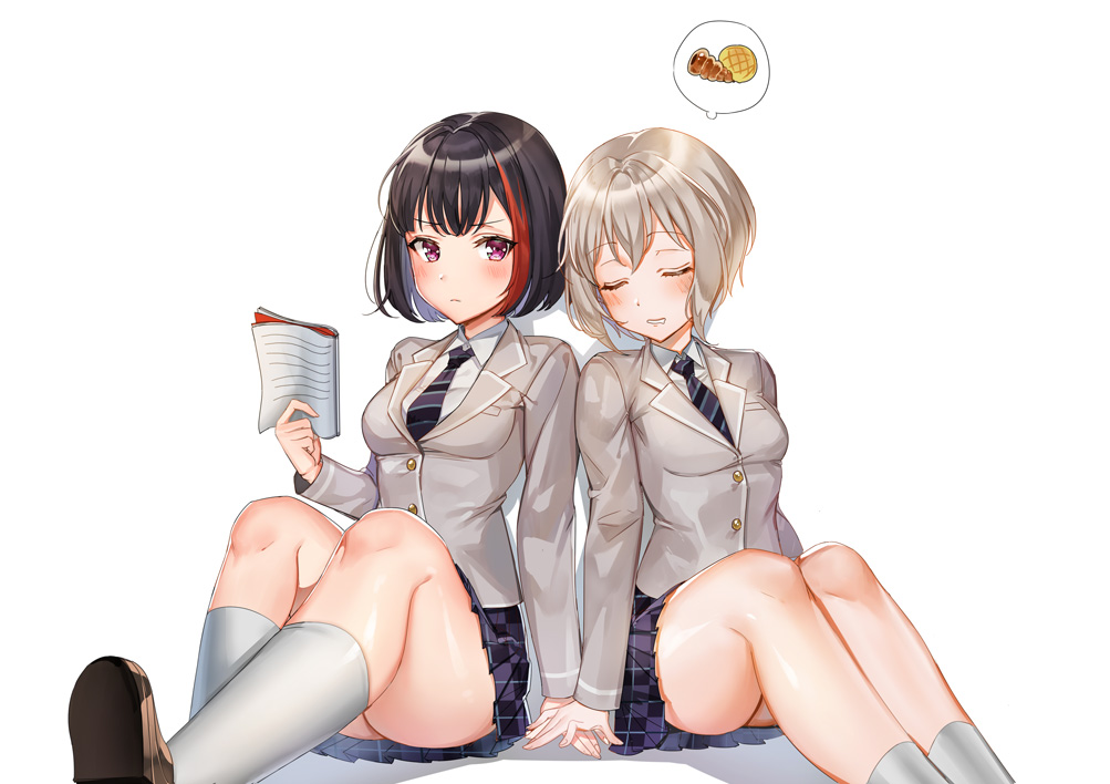 2girls, aoba_moka, bang_dream!, black_hair, blush, book, gray_hair, kneehighs