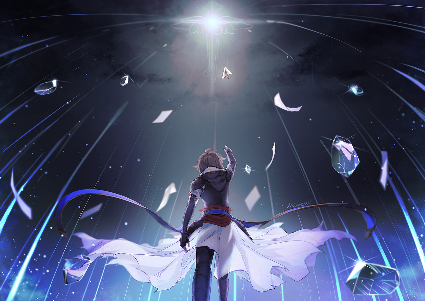 4nimenut, all_male, brown_hair, clouds, gloves, granblue_fantasy, hood, male, sandalphon_(granblue_fantasy), short_hair, signed, sky
