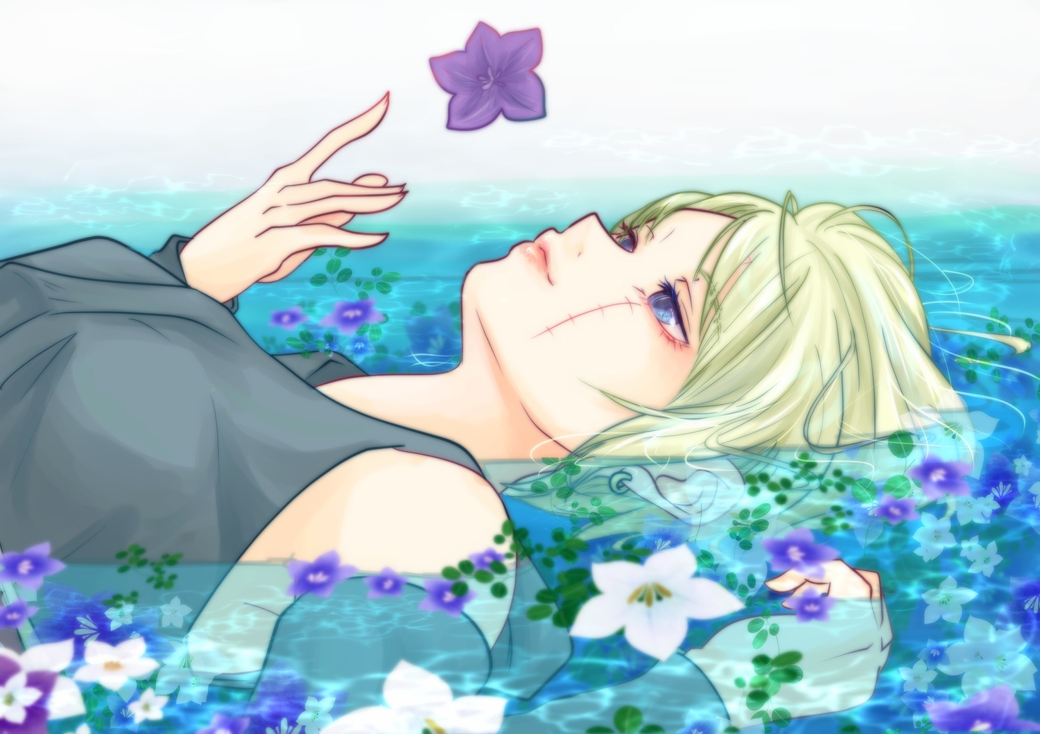 blonde_hair, blue_eyes, close, flowers, gintama, japanese_clothes, paleatus, scar, short_hair, tsukuyo_(gintama), water