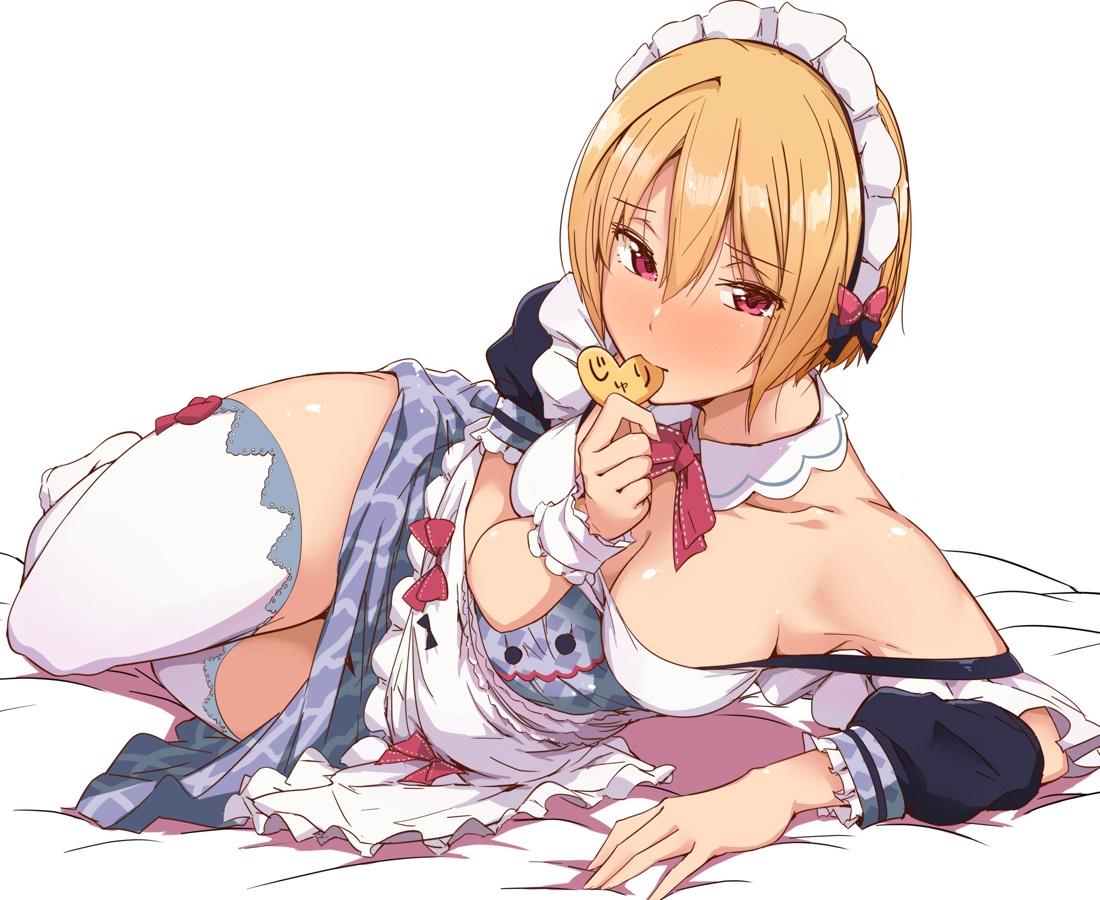 apron, blonde_hair, bow, breasts, cleavage, cropped, headdress, idolmaster