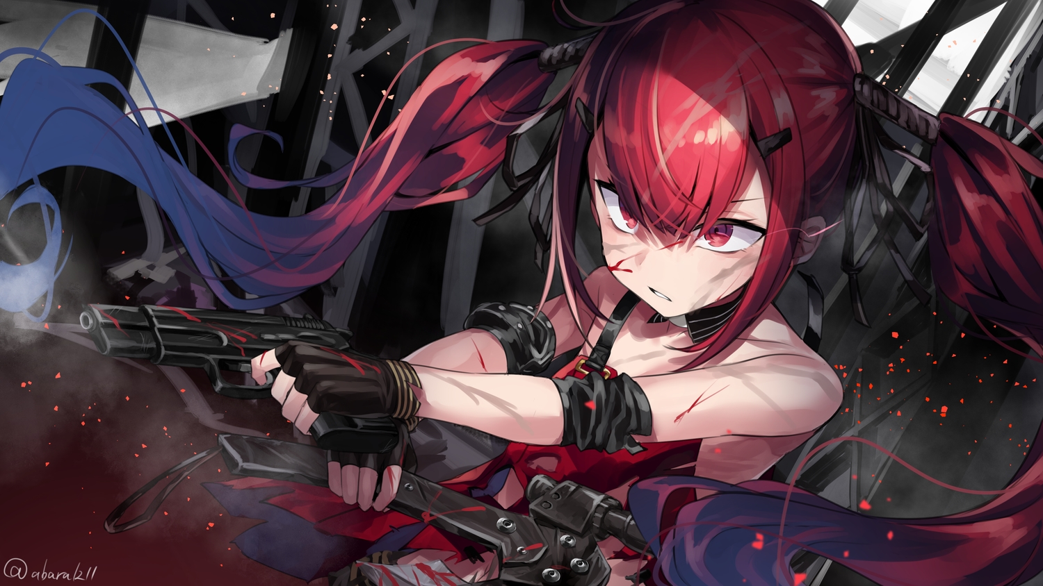 abarabone, anthropomorphism, blood, cz-75_(girls_frontline), girls_frontline, gloves, gun, long_hair, red_eyes, red_hair, signed, torn_clothes, twintails, weapon