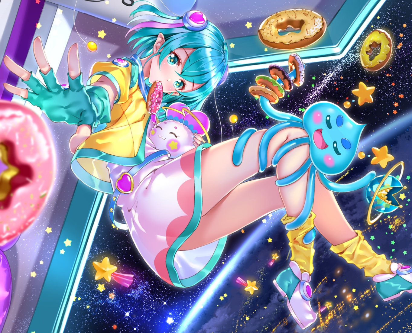 aqua_eyes, aqua_hair, dress, earth, food, gloves, hagoromo_lala, kneehighs, planet, pointed_ears, precure, short_hair, space, stars, star_twinkle_precure, swordsouls