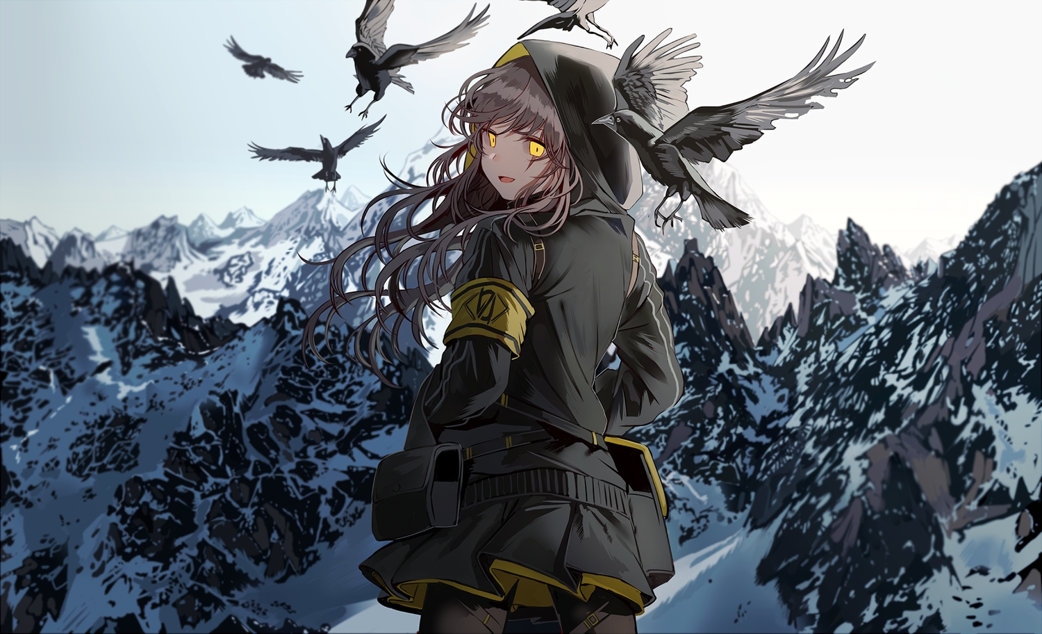 animal, anthropomorphism, bird, brown_hair, girls_frontline, hood, long_hair, pantyhose