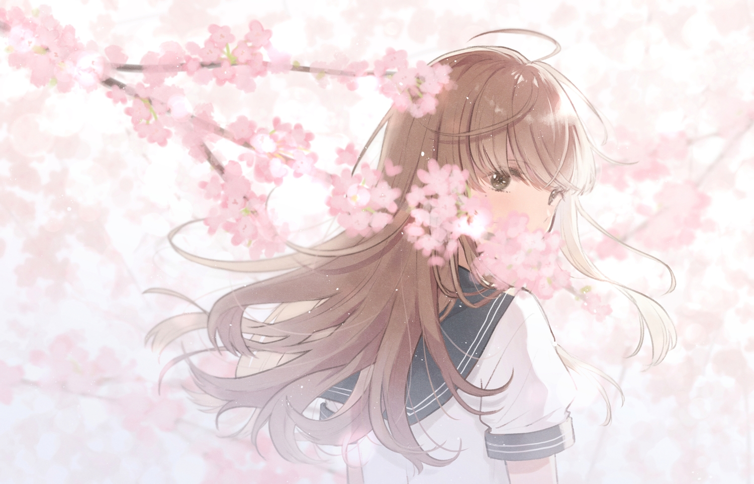 brown_eyes, brown_hair, cherry_blossoms, flowers, long_hair, necojishi, original, school_uniform