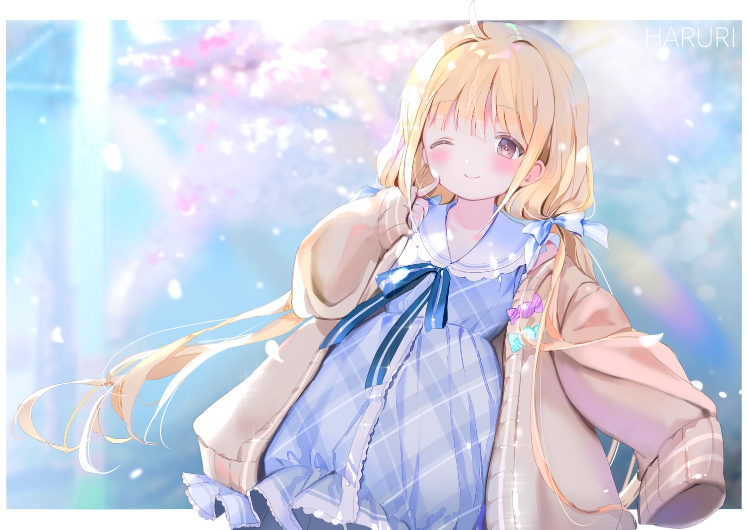 aliasing, blonde_hair, blush, bow, brown_eyes, dress, futaba_anzu, haruri