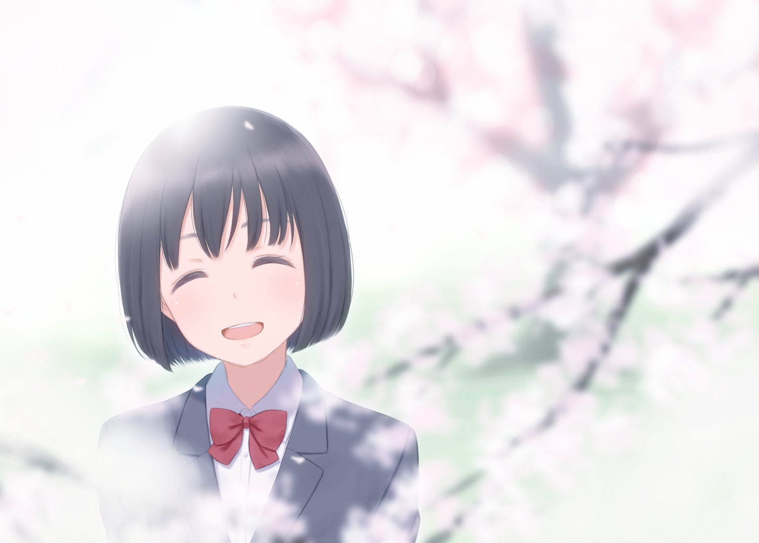 black_hair, bow, cherry_blossoms, close, flowers, kyak_bamboo, original, school_uniform