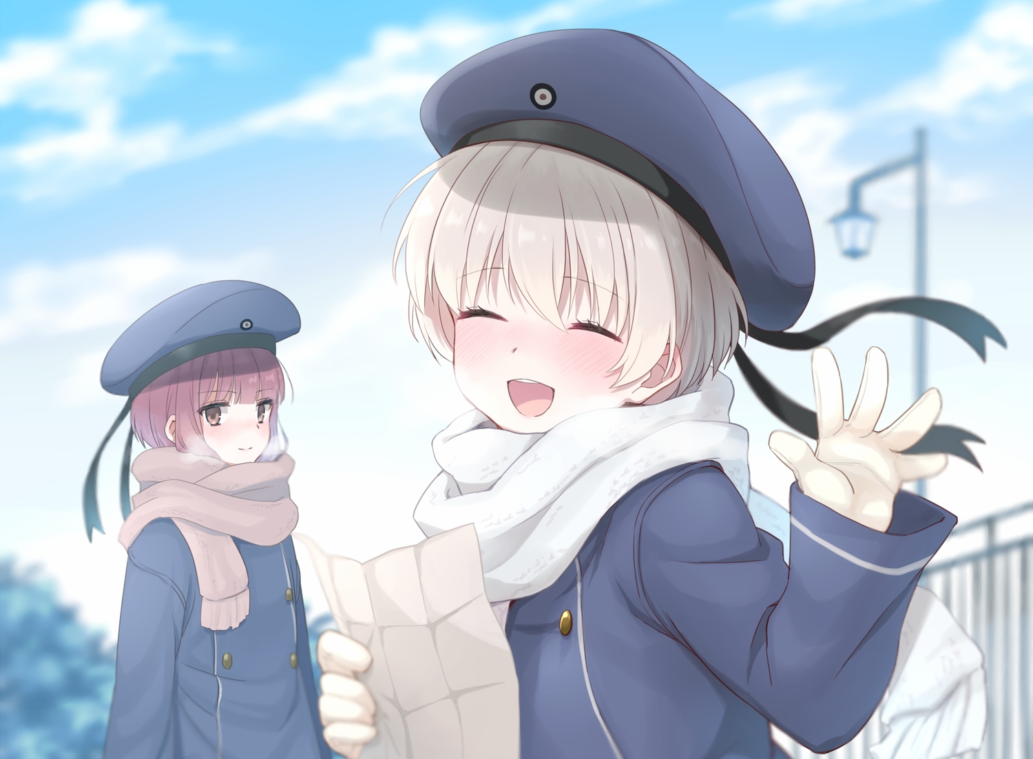 2girls, anthropomorphism, blonde_hair, blush, brown_eyes, close, clouds, gloves, kantai_collection, paper, purple_hair, scarf, short_hair, sky, totto_(naka), z1_leberecht_maass_(kancolle), z3_max_schultz_(kancolle)