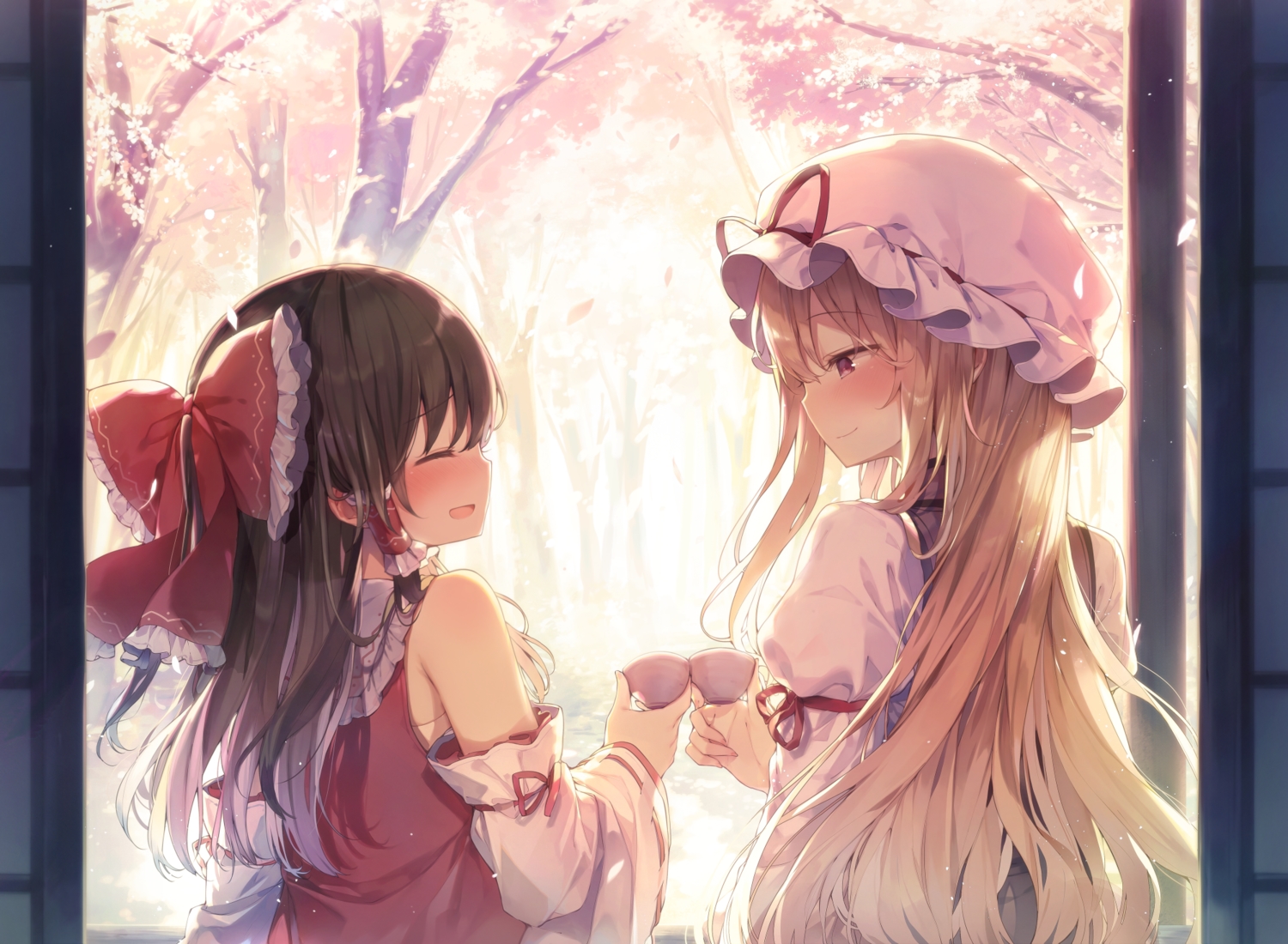2girls, black_hair, blonde_hair, blush, bow, cherry_blossoms, drink, flowers