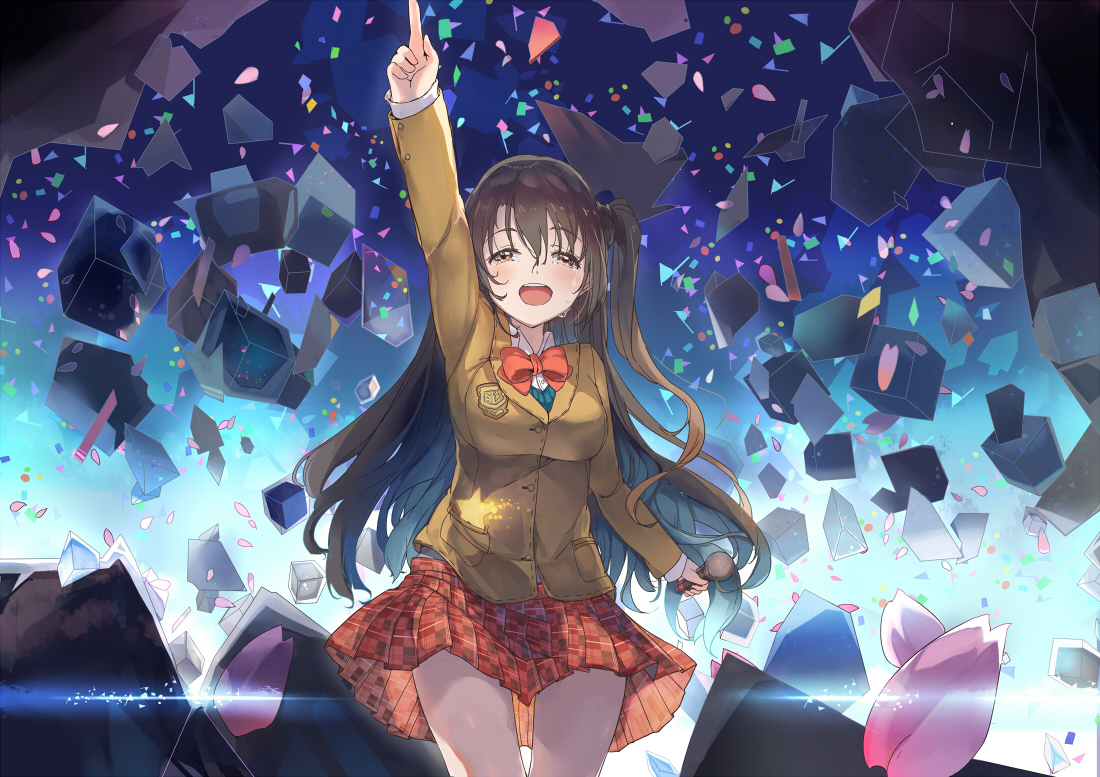 aliasing, bow, brown_hair, crying, idolmaster, idolmaster_cinderella_girls, long_hair, microphone