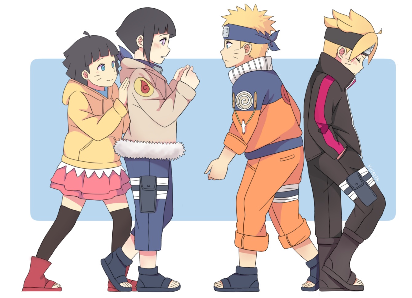 black_hair, blonde_hair, blue_eyes, blush, group, headband, hyuuga_hinata, loli