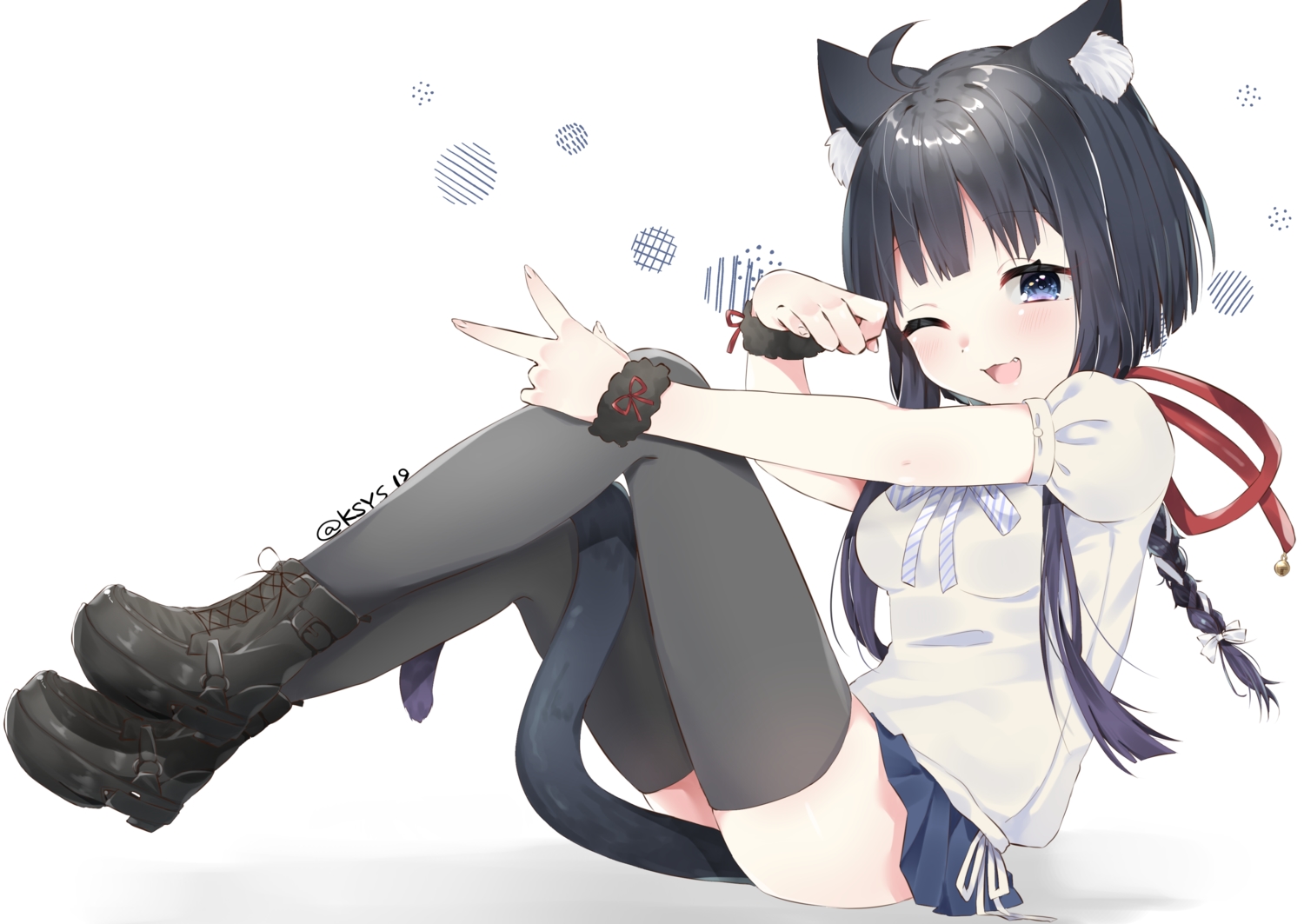 abe_suke, animal_ears, black_hair, blue_eyes, blush, boots, braids, catgirl, cat_smile, long_hair, original, ponytail, signed, tail, thighhighs, white, wink, wristwear