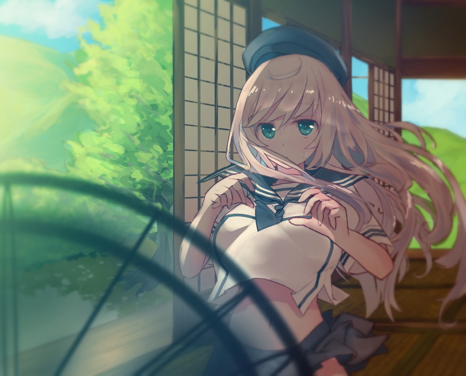 aqua_eyes, blonde_hair, comrade_stalin, fan, hat, long_hair, original, school_uniform, skirt