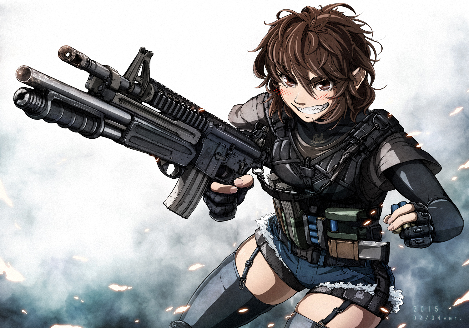 armor, blush, brown_eyes, brown_hair, garter_belt, gloves, gun, imizu_(nitro_unknown)