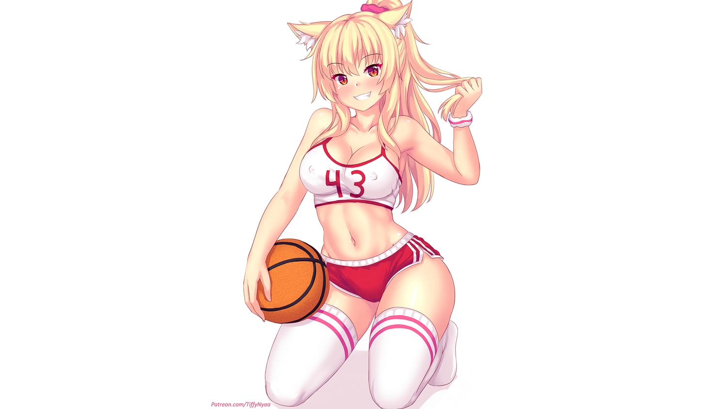 animal_ears, basketball, blonde_hair, breasts, cameltoe, catgirl, cleavage, erect_nipples