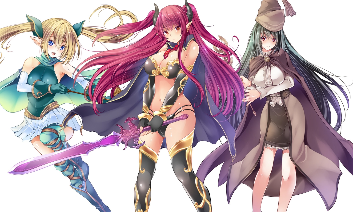 blonde_hair, blue_eyes, boots, bow_(weapon), breast_hold, breasts, cleavage, elbow_gloves, gloves, green_hair, hat, jpeg_artifacts, long_hair, maki_(seventh_heaven_maxion), navel, original, pointed_ears, purple_hair, red_eyes, skirt, sword, thighhighs, twintails, weapon, white