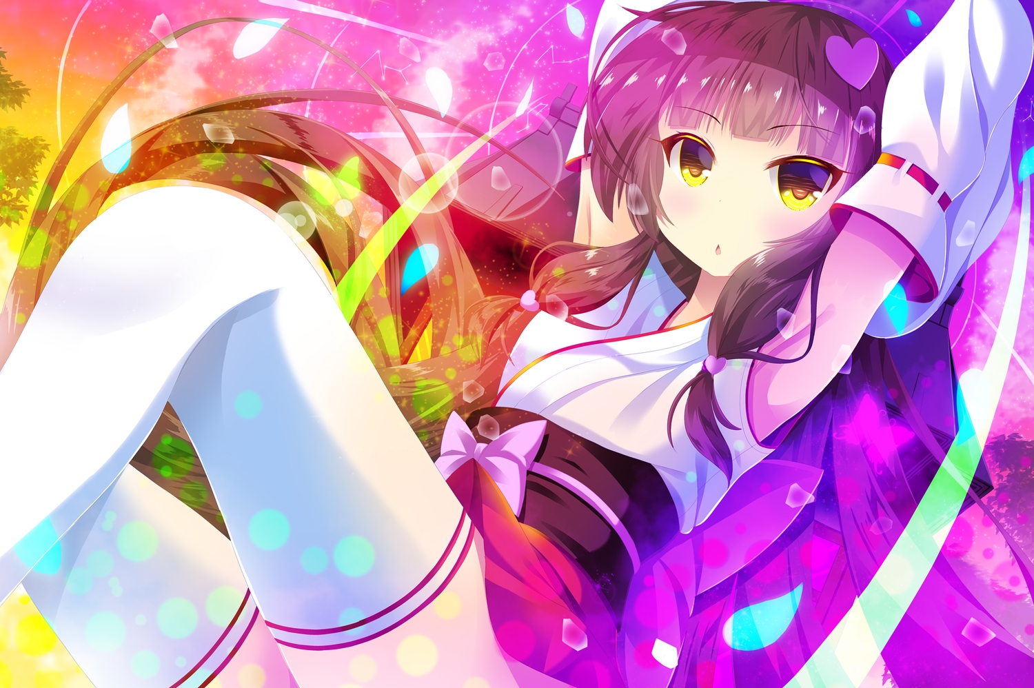 brown_hair, japanese_clothes, long_hair, original, regress, thighhighs, yellow_eyes