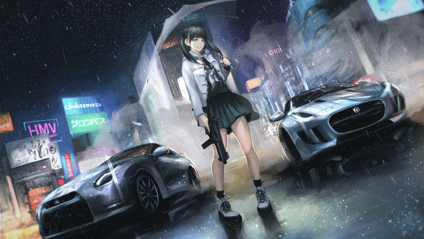 black_hair, car, gun, koh_(minagi_kou), open_shirt, original, rain, school_uniform