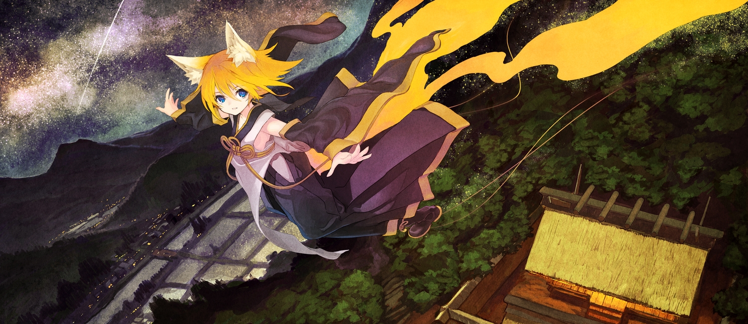 animal_ears, blonde_hair, blue_eyes, building, foxgirl, japanese_clothes, kagamine_rin, kitsune_(kazenouta), landscape, night, scenic, short_hair, sky, stars, tail, vocaloid