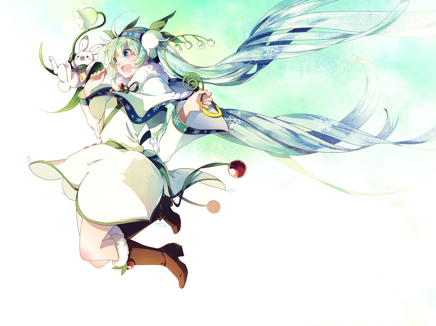 animal, boots, hatsune_miku, long_hair, rabbit, shuzi, twintails, vocaloid, yuki_miku, yukine_(vocaloid)