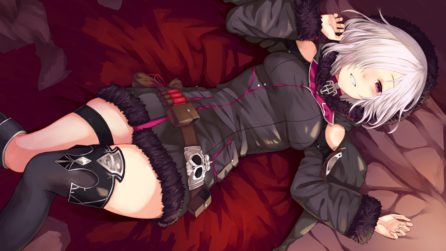 blush, cape, choker, garter, hood, purple_eyes, shadowverse, short_hair
