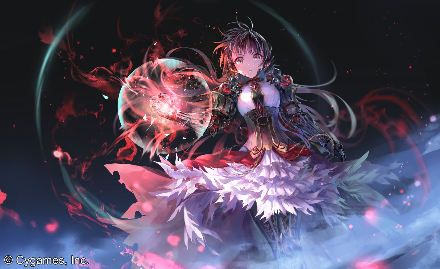 armor, brown_eyes, brown_hair, chain, corset, dress, irua, long_hair, magic, mono_garnet_rebel, shadowverse, techgirl