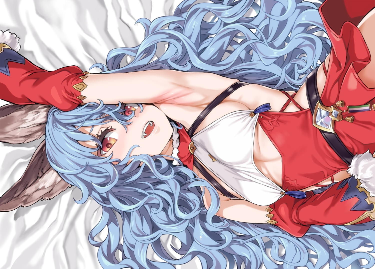 animal_ears, asanagi, blue_hair, breasts, dress, fang, ferri_(granblue_fantasy), granblue_fantasy, long_hair, orange_eyes, sideboob