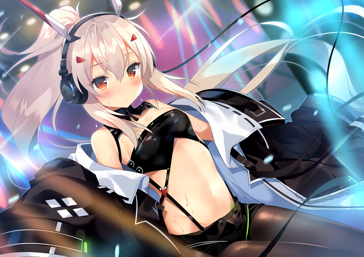 anthropomorphism, ayanami_(azur_lane), azur_lane, blonde_hair, blush, headphones, kurot, long_hair