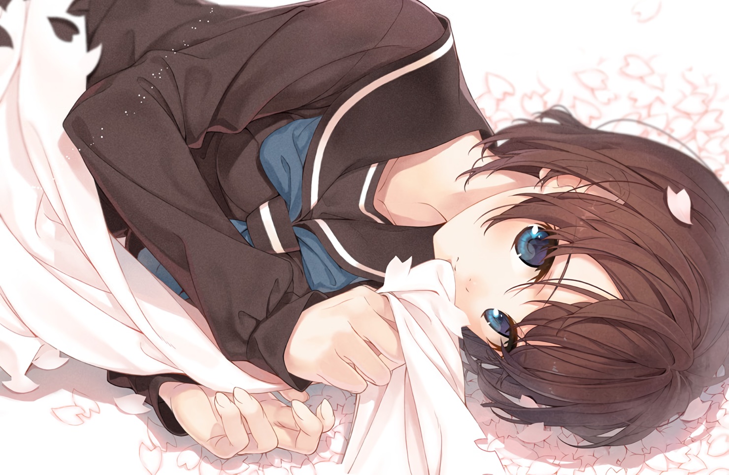 amamiya_chiharu, blue_eyes, brown_hair, close, original, petals, school_uniform, short_hair, waifu2x