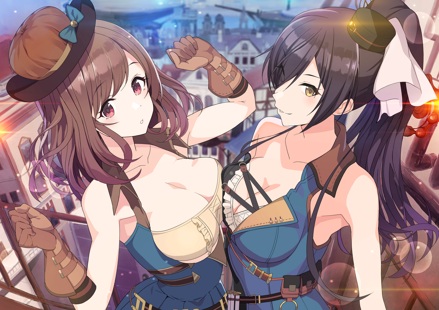 2girls, black_hair, breasts, brown_hair, building, city, cleavage, gloves