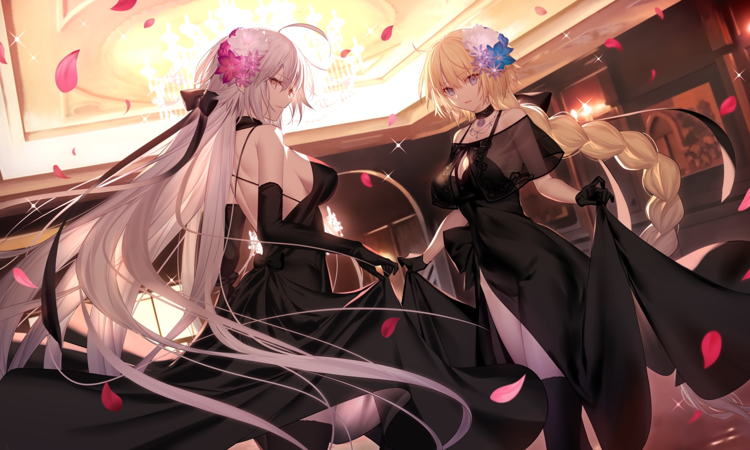 blonde_hair, blue_eyes, bow, braids, breasts, choker, cleavage, dress