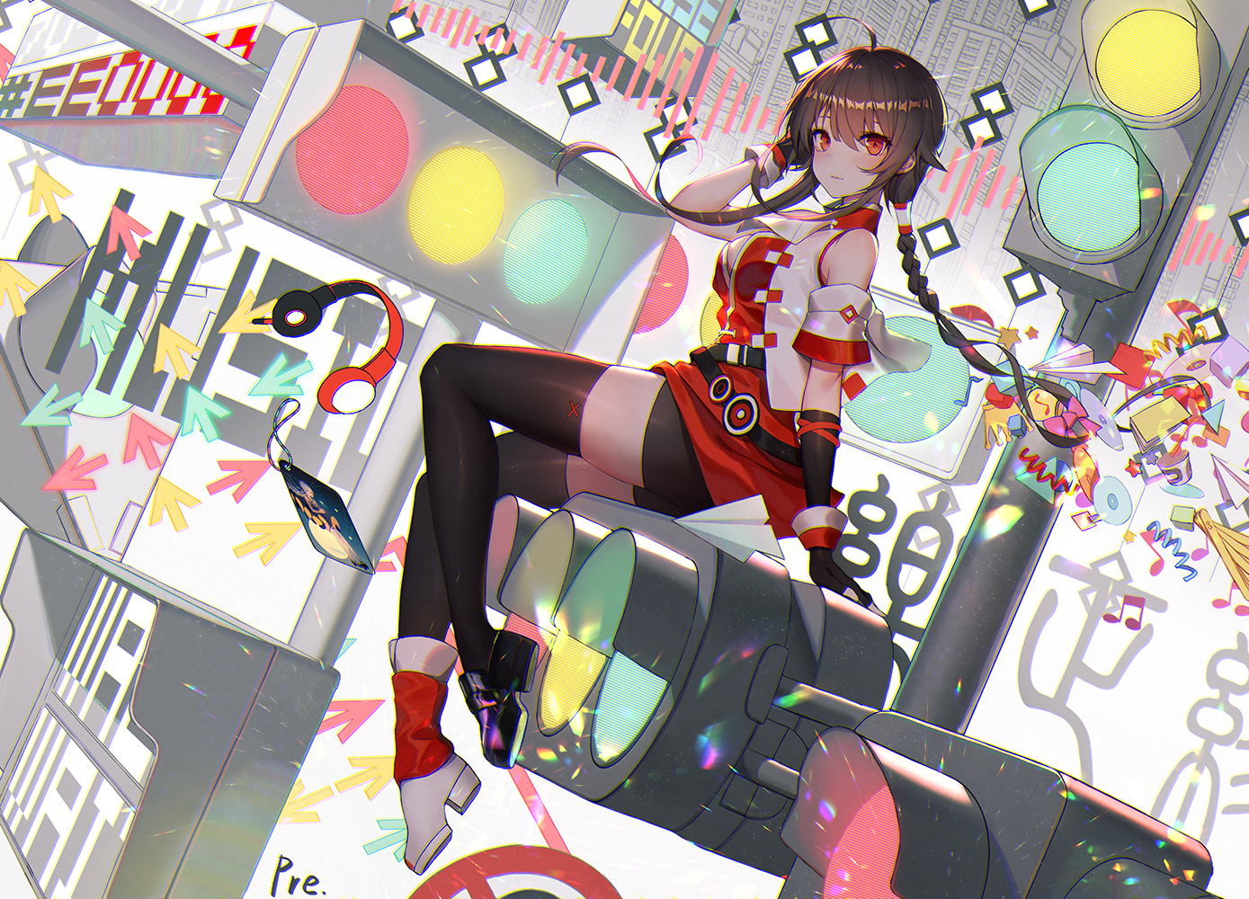 braids, breasts, brown_hair, cleavage, elbow_gloves, gloves, long_hair, ponytail