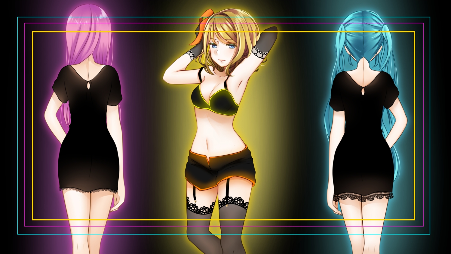 aqua_hair, blonde_hair, breasts, cleavage, dress, elbow_gloves, garter_belt, gloves