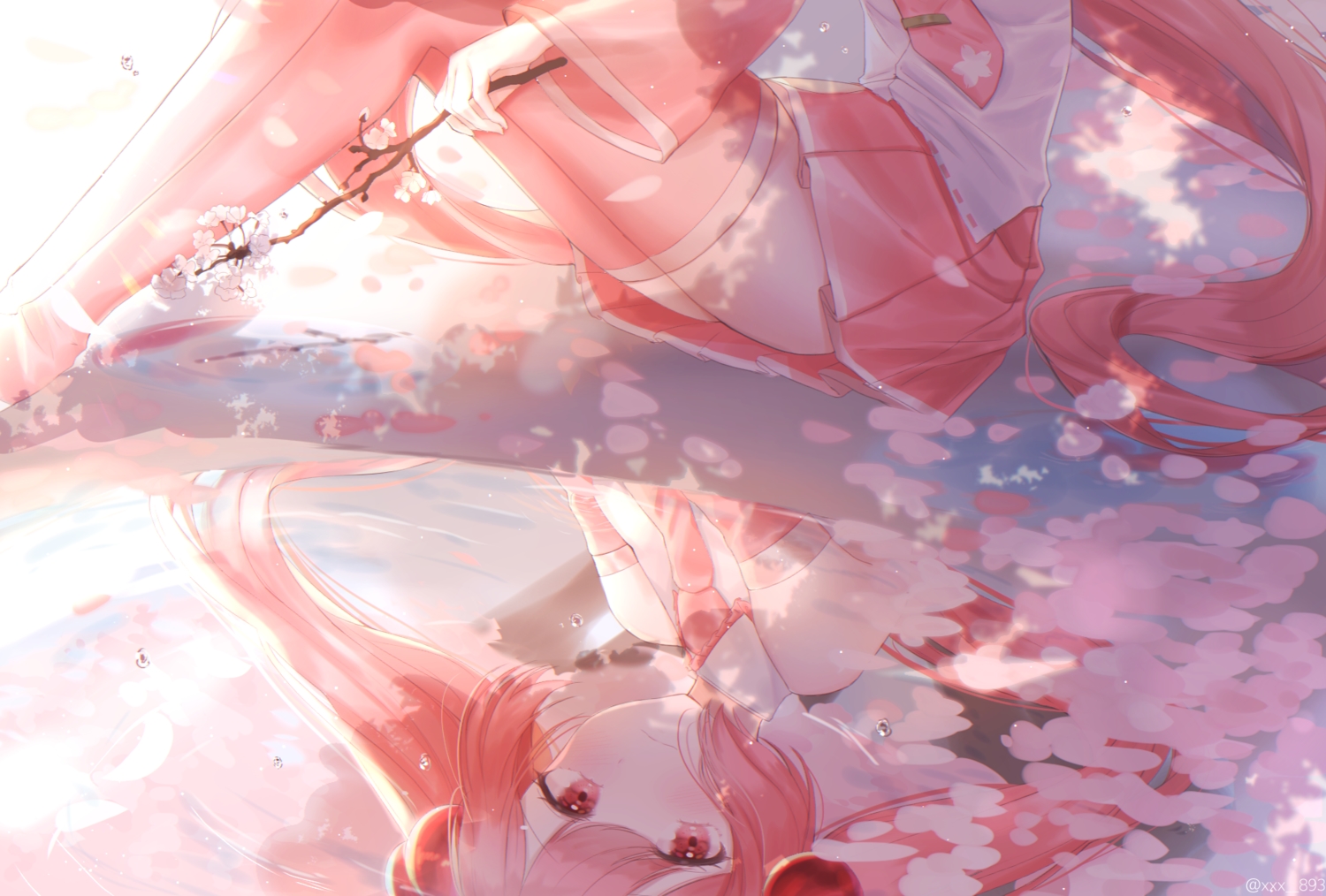 cherry_blossoms, flowers, hatsune_miku, long_hair, nacho, petals, pink, pink_eyes, pink_hair, reflection, sakura_miku, skirt, thighhighs, tie, vocaloid, water