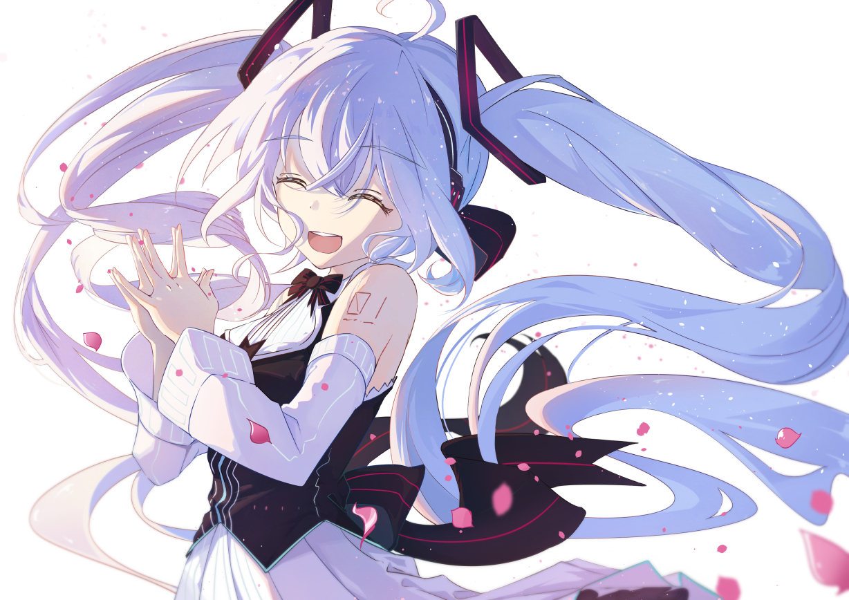blue_hair, hatsune_miku, long_hair, petals, taka_(0taka), twintails, vocaloid