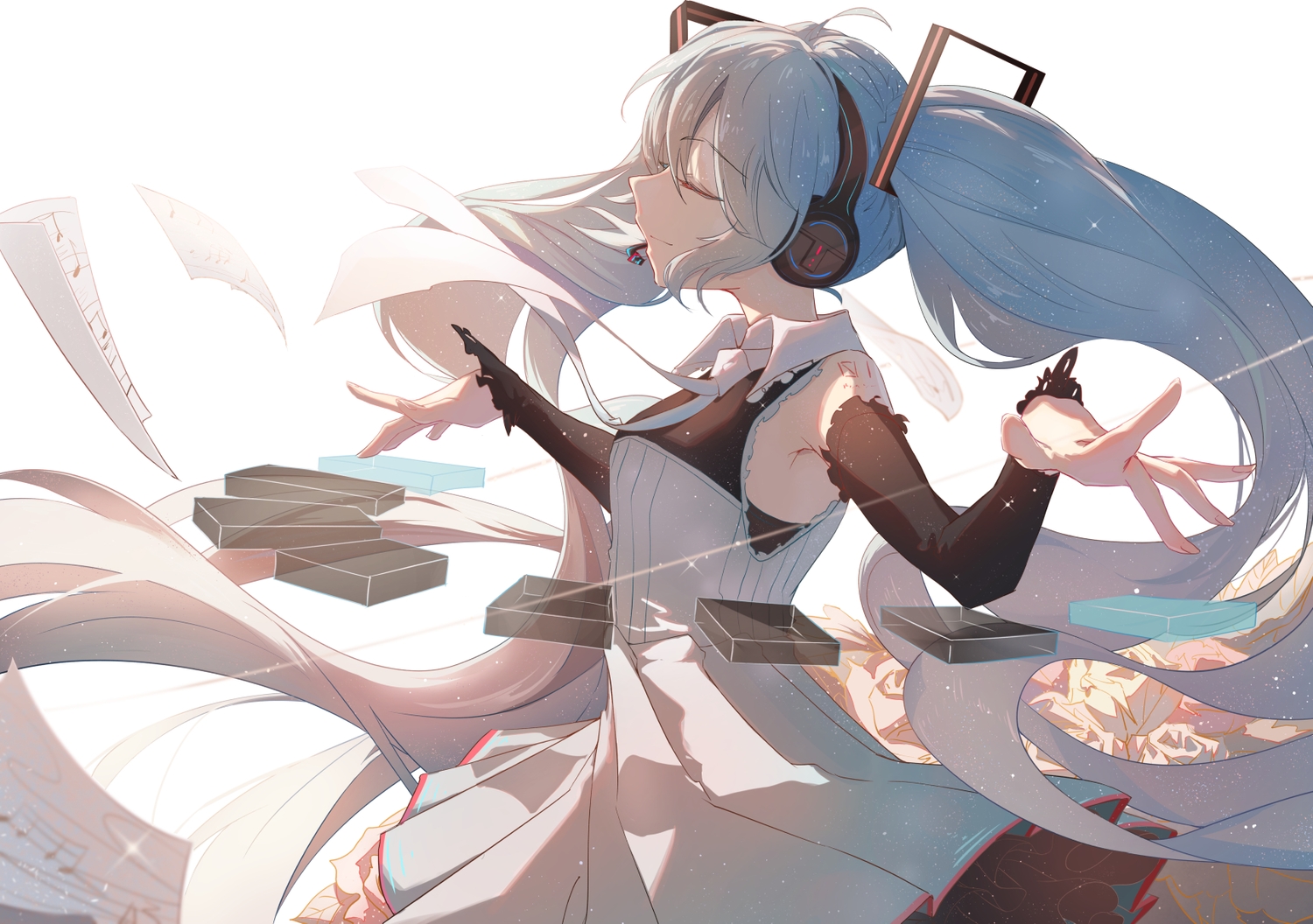 blue_hair, hatsune_miku, headphones, paper, taka_(0taka), vocaloid