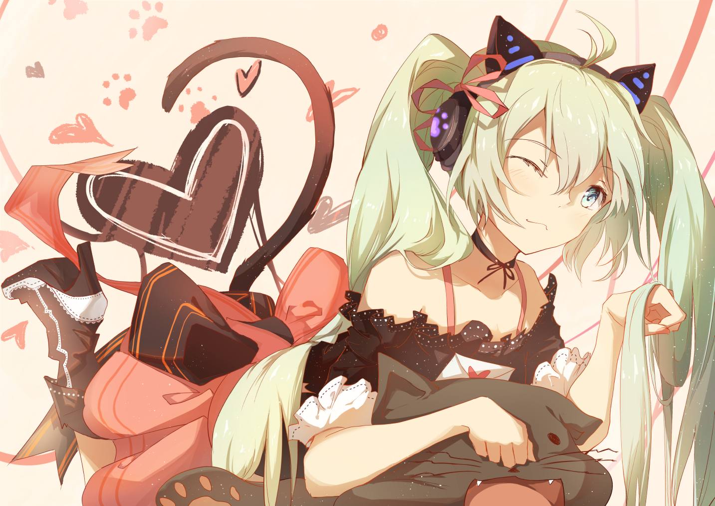 animal_ears, blue_eyes, boots, bow, green_hair, hatsune_miku, tail, taka_(0taka), vocaloid, wink