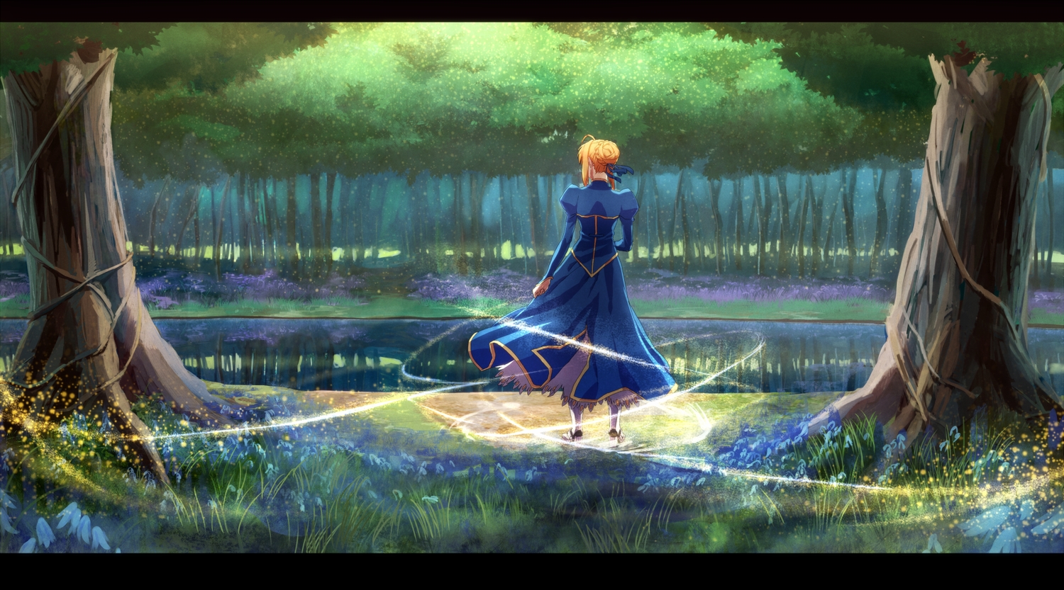 artoria_pendragon_(all), fate_(series), fate/stay_night, flowers, forest, ganov, reflection, saber, tree, water