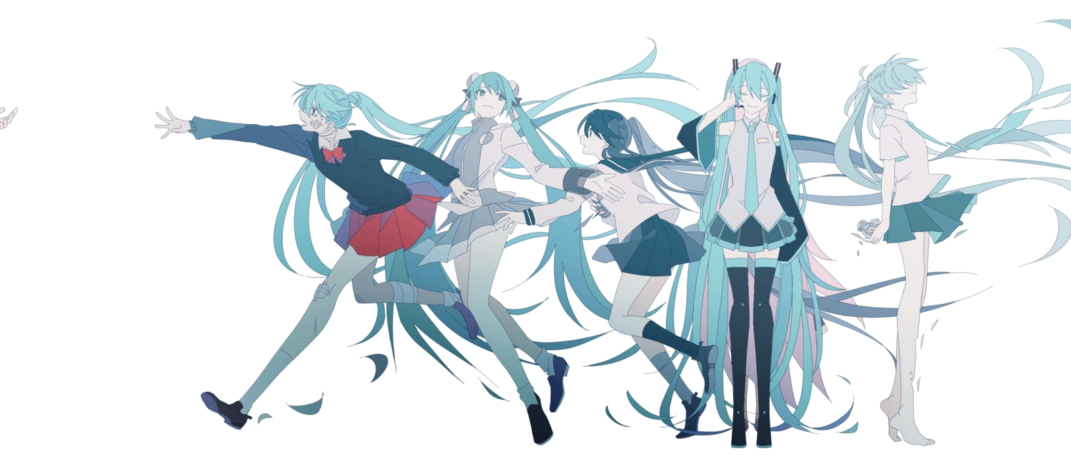aliasing, hatsune_miku, megurine_luka, polychromatic, rolling_girl_(vocaloid), unhappy_refrain_(vocaloid), ura-omote_lovers_(vocaloid), vocaloid, white, world's_end_dancehall_(vocaloid), zero_(jckz2334)