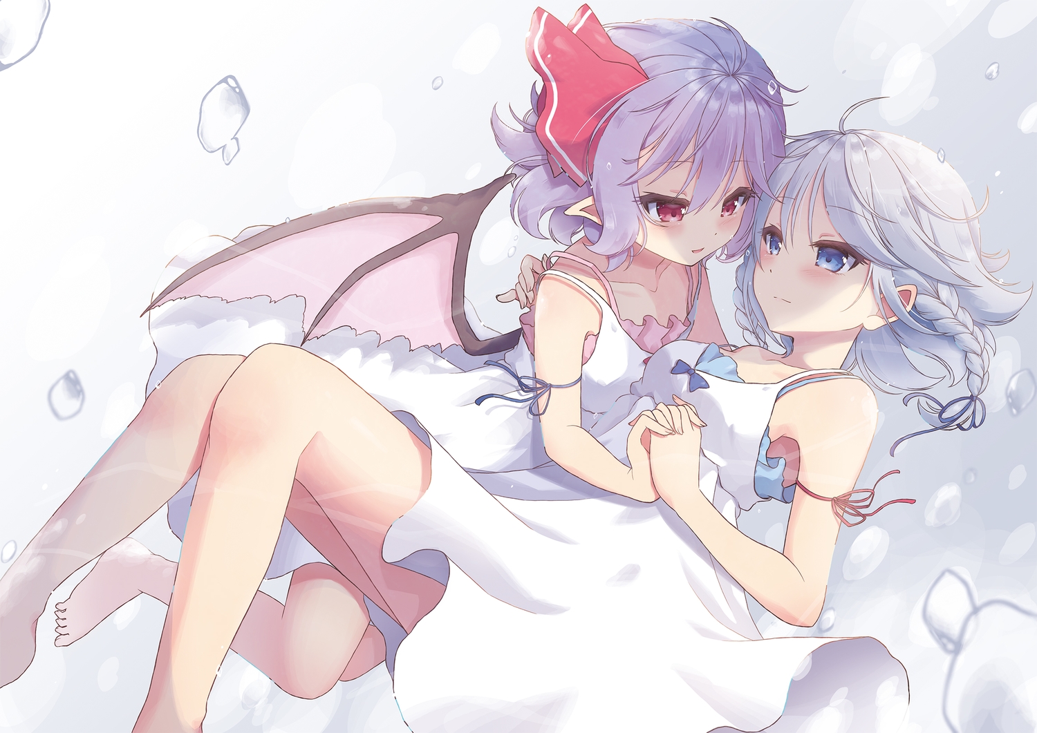 2girls, barefoot, beni_kurage, blue_hair, blush, braids, dress, gray_hair, izayoi_sakuya, pointed_ears, purple_hair, red_eyes, remilia_scarlet, short_hair, shoujo_ai, summer_dress, touhou, vampire, wings