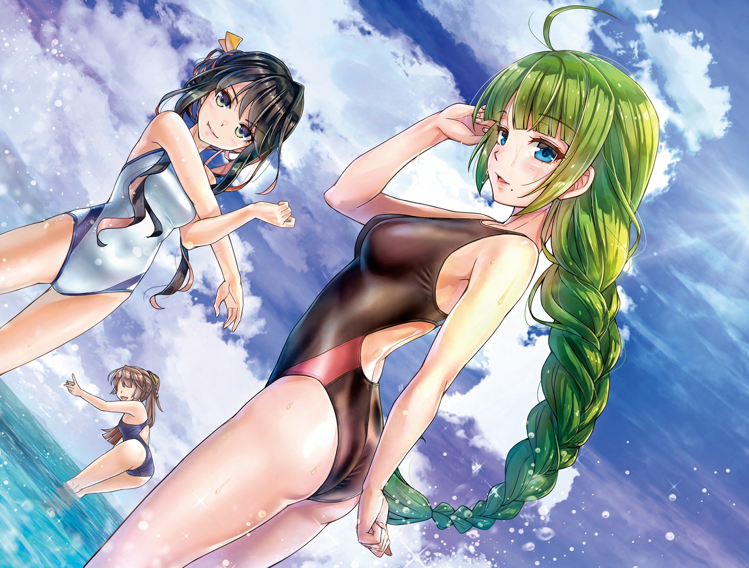 anthropomorphism, aqua_eyes, ass, black_hair, braids, breasts, brown_hair, clouds